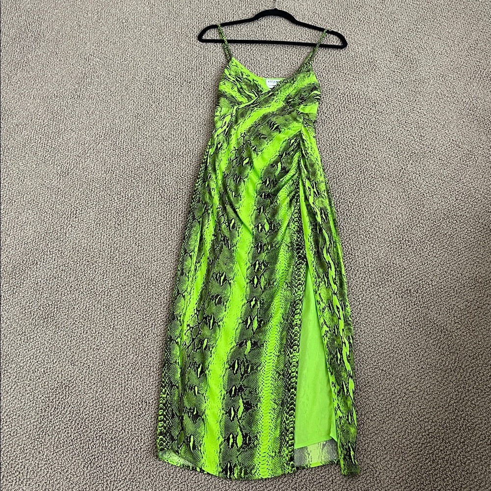 ESSENTIEL ANTWERP DONATELLA LIME GREEN MIDI-LENGTH SNAKE PRINT SLIP DRESS NWOT